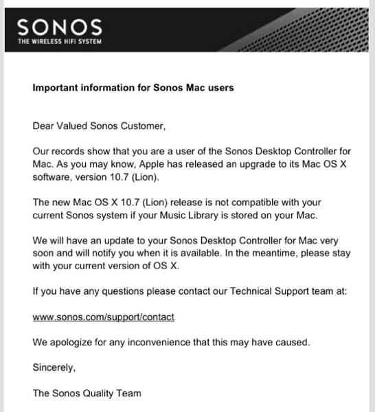 Sonos Issues Mac OS X ‘Lion’ Compatibility Warning – Don’t Upgrade Yet!!