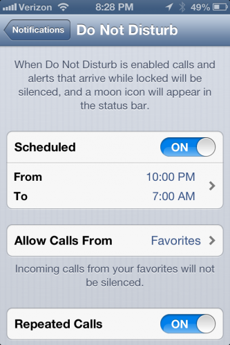 Settings for Do Not Disturb on iOS