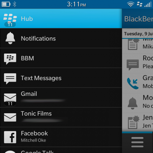Individual services in the BlackBerry Hub