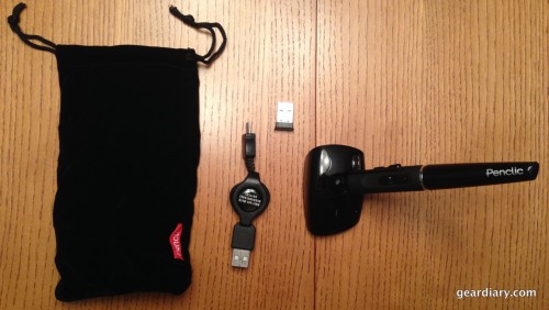 Contents of the retail package, including: Penclic Mouse R2, Travel Bag, nano USB dongle, telescoping microUSB cable, and rechargable AAA battery (not shown).