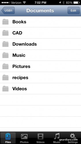 Screenshot of the MobileLight app on iPhone 5. Here you can browse all the files on your USB stick or SD card.