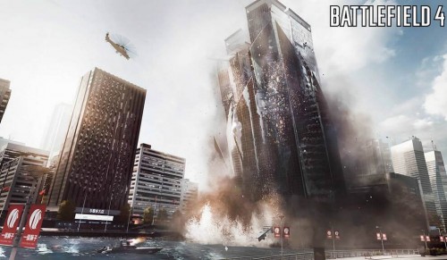A Battlefield 4 screenshot, showing an entire building falling down, one of the neat new features in the new Frostbite engine.