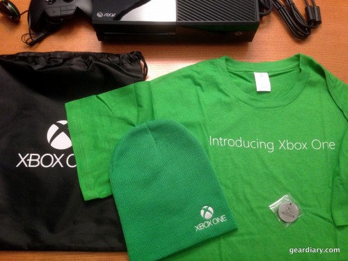 The swag bag, including Xbox One drawstring bag, Xbox One tshirt, Xbox One beanie, and Xbox One/Forza 5 Keychain.