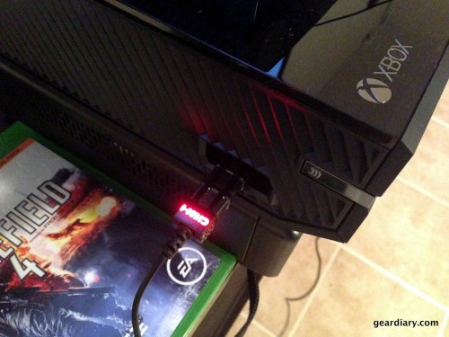 The HipShotDot's USB plugged into the Xbox One.