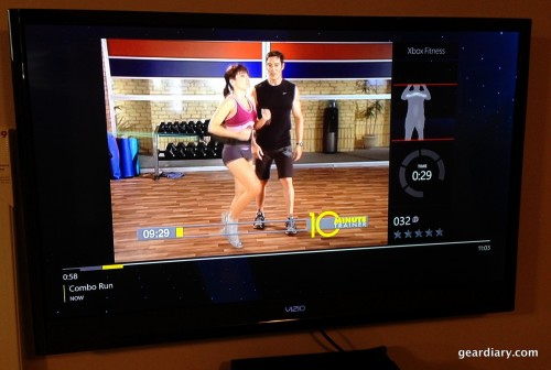 Xbox Fitness. You can see me through the Kinect taking a picture. My shoulders are highlighted because those are the muscles being used while taking a picture.