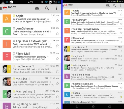 Gmail displayed on the HTC One (left) and Sony Xperia Z Ultra (right)