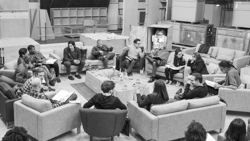 Writer/Director/Producer J.J Abrams (top center right) at the cast read-through of Star Wars Episode VII at Pinewood Studios with (clockwise from right) Harrison Ford, Daisy Ridley, Carrie Fisher, Peter Mayhew, Producer Bryan Burk, Lucasfilm President and Producer Kathleen Kennedy, Domhnall Gleeson, Anthony Daniels, Mark Hamill, Andy Serkis, Oscar Isaac, John Boyega, Adam Driver and Writer Lawrence Kasdan. Copyright and Photo Credit: David James.