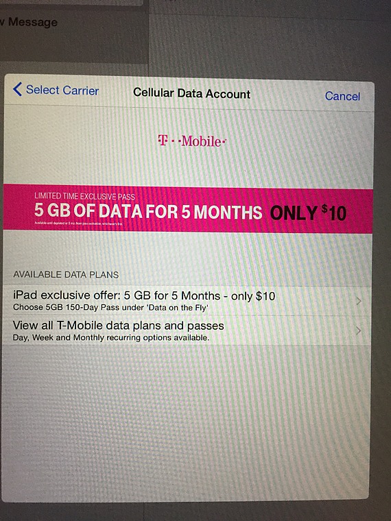 T-Mobile 5 GB for 5 Months for $10 on New iPad Air 2 with Apple SIM