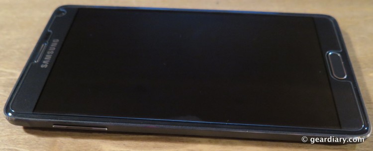 The OtterBox Alpha Glass Screen Protector is shown on a black AT&T Version of the Samsung Galaxy Note 4