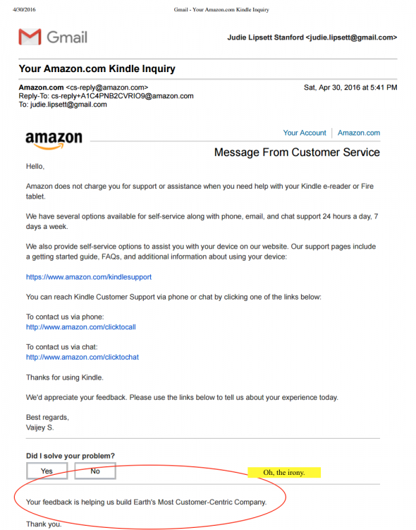 Amazon kindle email - oh the irony