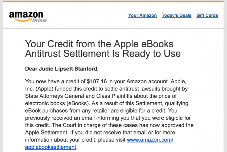 Amazon email about Apple eBook Antitrust Settlement