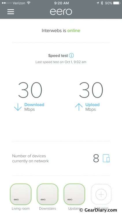 Eero app home screen and speed test.