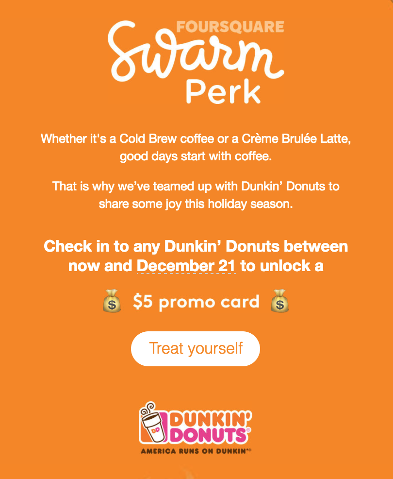 Check into Dunkin' Donuts with the Swarm App and Get a $5 Promo Card