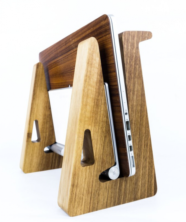 Galen Leather Walnut Wood MacBook Stand: Elegant, Ergonomic, and Multi-Talented