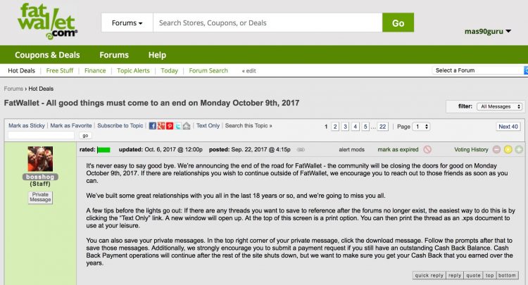 Popular Deal Website FatWallet Closing 10/9/2017