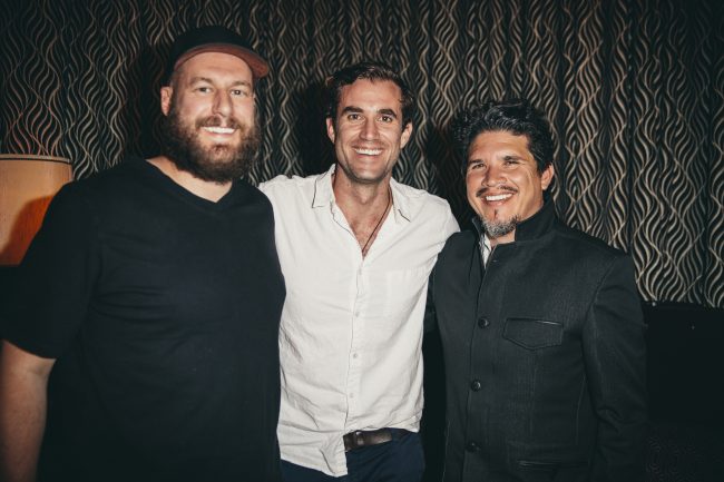 Tony (left) from Blue River Terpenes, JJ from Pax and Rob Garza from Thievery Corporation at the Pax Era x Thievery Corporation at the VIP listening party in LA on 4/19