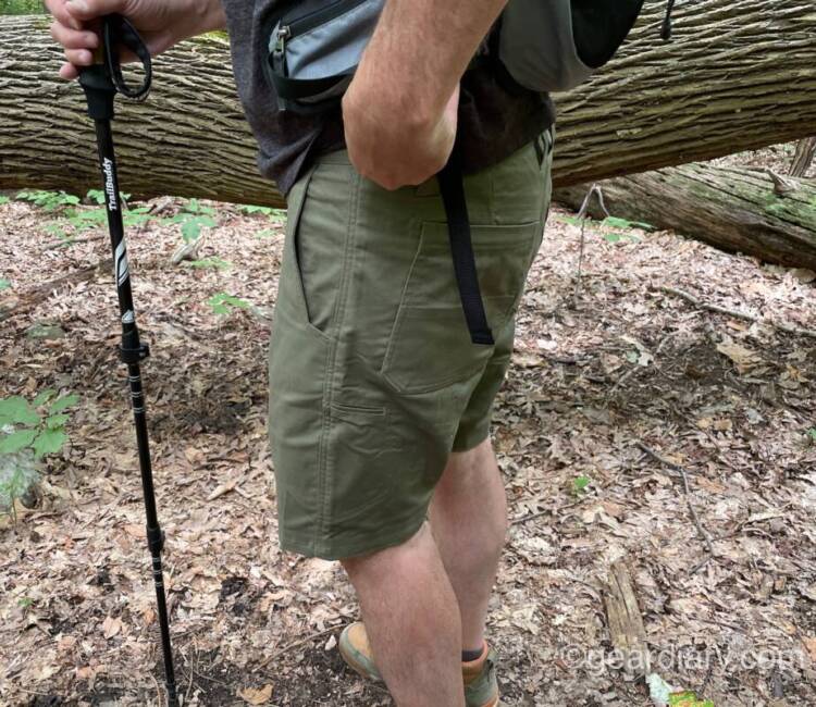 Weaaring LIVSN Flex Canvas Shorts on a hike
