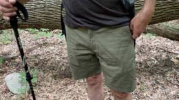 Wearing LIVSN Flex Canvas Shorts on a hike