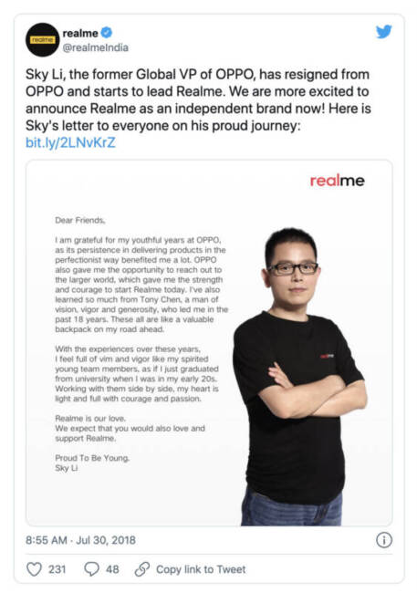 Twitter announcement of Sky Li leaving OPPO to lead Realme