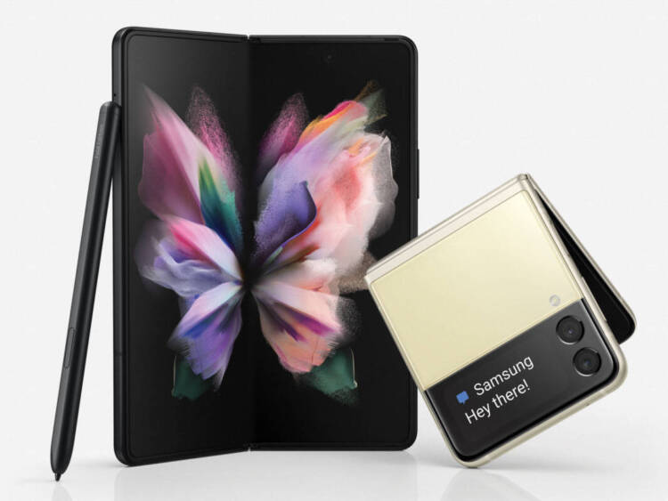The Samsung Galaxy X Fold 3 opened with a Samsung Galaxy Z Flip3 next to it