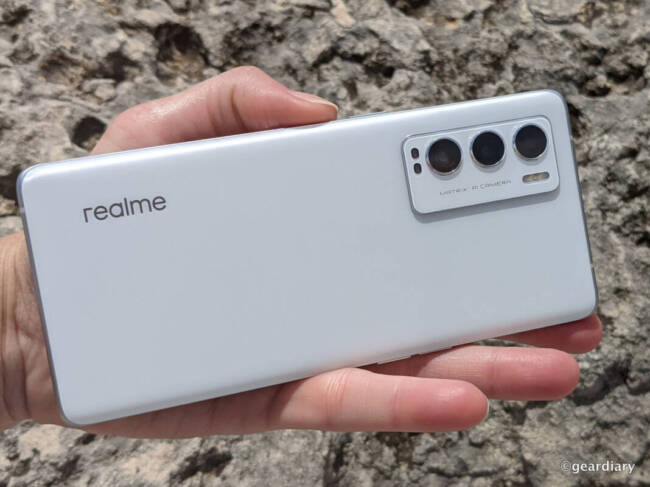 The back of the realme GT Explorer Master Edition in White showing the rear camera array