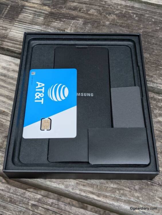 A new 5G SIM card in the The Samsung Galaxy Z Fold3 retail box.