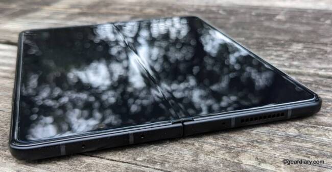 The top edge of the open Samsung Galaxy Z Fold3.