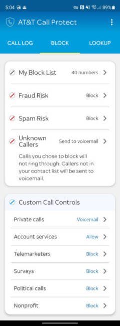 AT&T Call Protect options