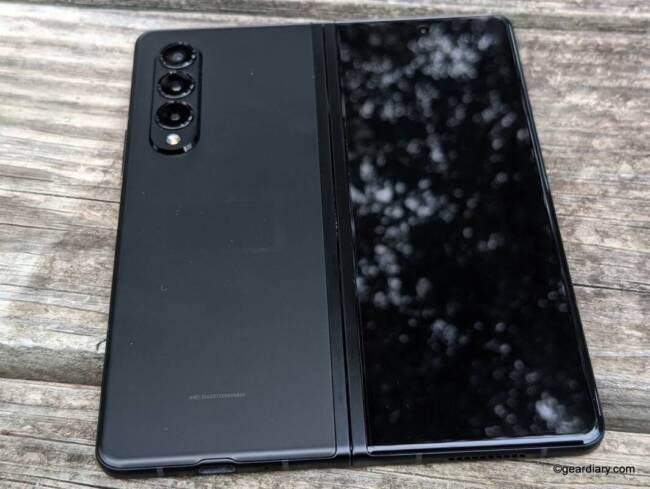 The back side of the open Samsung Galaxy Z Fold3.