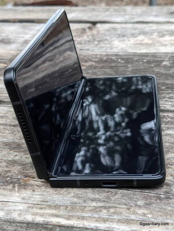 The Samsung Galaxy Z Fold3 side view when opened 90º.