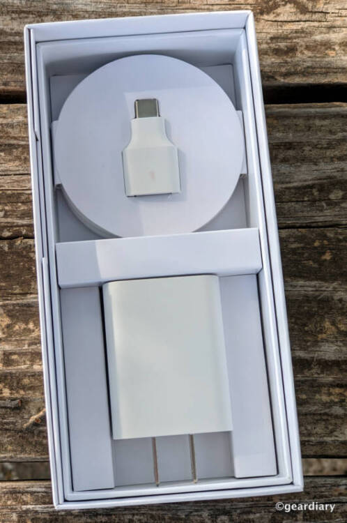 Google Pixel 5a charger and cable with handy USB Type-A to Type-C dongle.