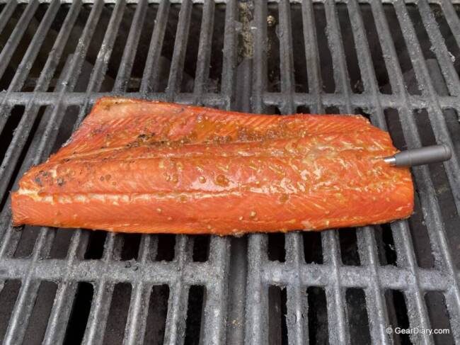 Yummly Smart Thermometer in a salmon fillet