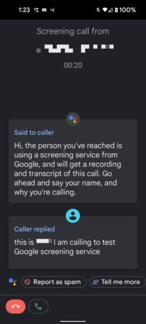 Screening a call with Call Screen on the Google Pixel 5a. 