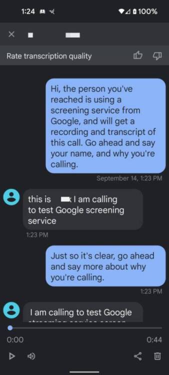 Transcript of a screened call using Call Screen.