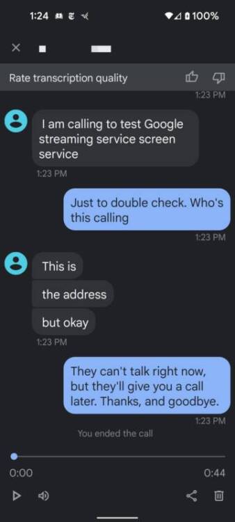 Transcript of a screened call using Call Screen.