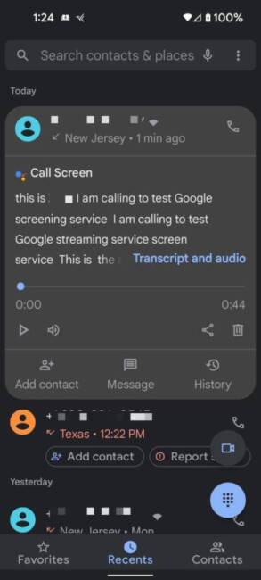 Recent calls in the Google Phone app on a Pixel 5a showing screened calls.