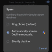 Setting Spamd and Call Screen options in the Google Phone app on a Google Pixel 5a.