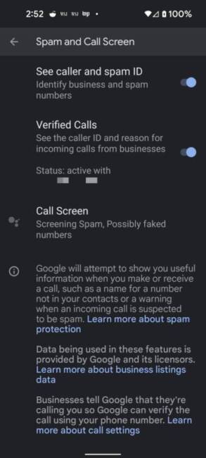 Spam and Call Screen options in the Google Phone app on a Google Pixel 5a.