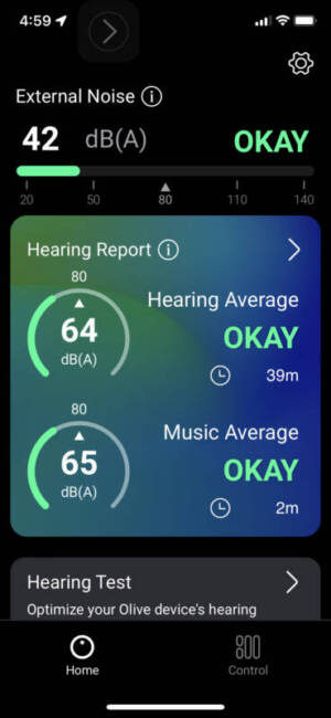 Hearing test in the Olive Pro Audio Enhancing Earbuds app.