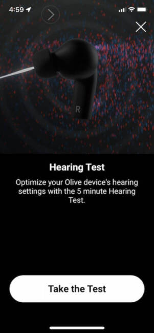 Olive Pro Audio Enhancing Earbuds hearing test in the app.