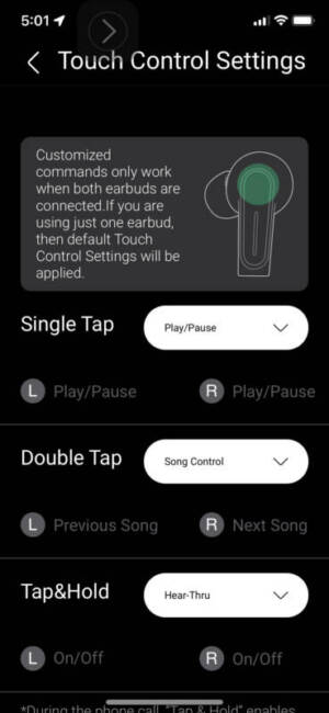 Olive Pro Audio Enhancing Earbuds touch control settings in the app.