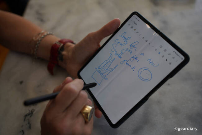 The author using the S Pen on the Samsung Galaxy Z Fold3