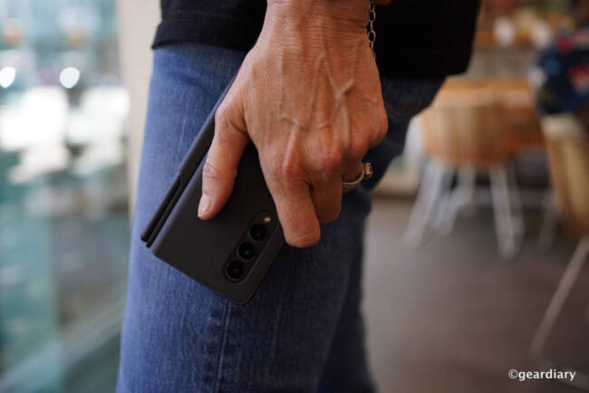 The author carrying the folded Samsung Galaxy Z Fold3 in hand.
