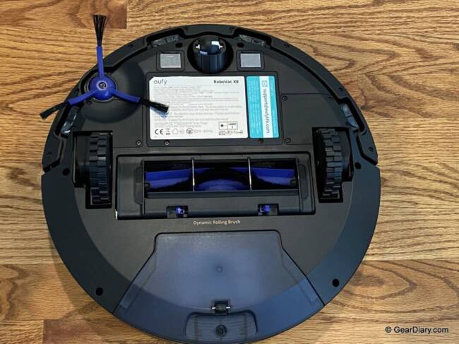 The bottom of the Eufy RoboVac X8 showing brushes.