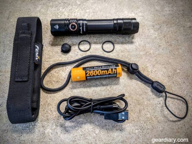 Contents of the Fenix PD35 V3.0 Tactical Flashlight package.