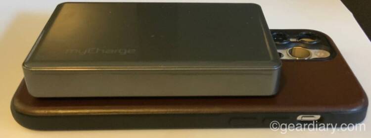 Side view of the myCharge MAG-LOCK MagSafe Powerbank on iPhone.