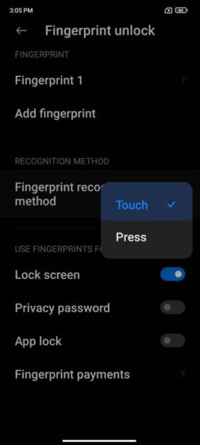 Setting the fingerprint reader to touch or press.on the Xiaomi 11T