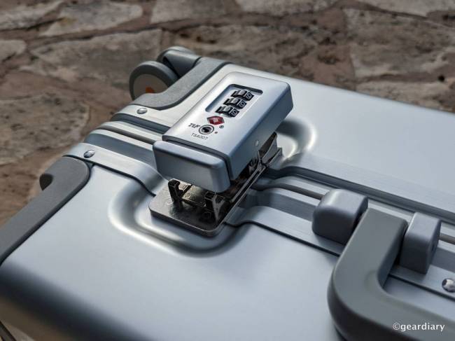 One of the two combination locks on the right side of the 20" LEVEL8 Gibraltar Full Aluminum Carry-On.