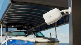 Verizon Arlo Go 2 LTE/Wi-Fi Security Camera mounted in a marina aimed at a boat
