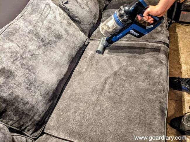 Using the Proscenic P10 Cordless Vacuum to clean upholstery.